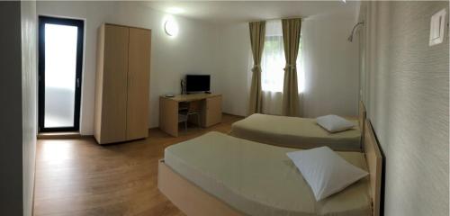 a room with two beds and a desk with a television at Pensiunea Platinum in Băile Herculane
