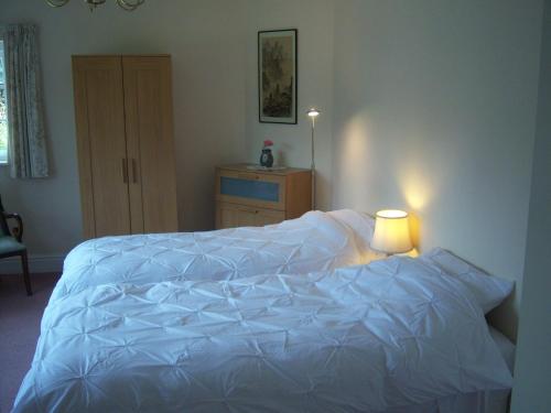 a bedroom with a large white bed with a lamp at Rectory Bungalow Holiday Apartment in Lower Brailes