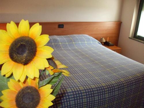 Dois girassóis sentados numa cama num quarto em IL CASALE DI MIRIAM em Povegliano Veronese