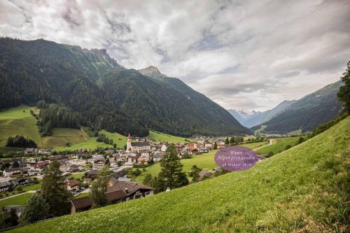 a small town on a hill with mountains in the background at Luxury Naturperle Haus Alpenprinzessin helles Holzhaus zentral , modern & großräumig in Neustift im Stubaital