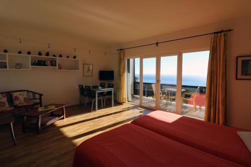 een slaapkamer met een bed en uitzicht op de oceaan bij Apartamentos Miranda in Breña Alta