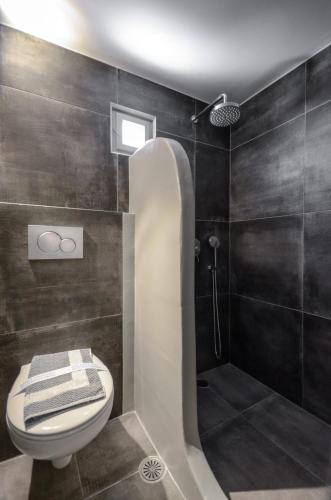 a bathroom with a shower with a toilet and a sink at Hotel Naxos Beach in Naxos Chora