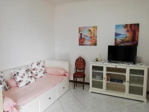 ein Wohnzimmer mit einem Sofa und einem TV in der Unterkunft LA TERRAZZA DI BASILIO in Olginate