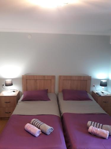 two beds in a bedroom with purple sheets and pillows at Tskaltubo Guest House On Mirian Mepe in Tskaltubo