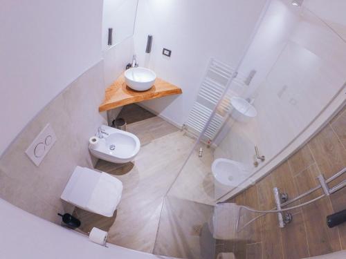 a bathroom with a sink and a toilet and a mirror at Agritur Verderame in Trento