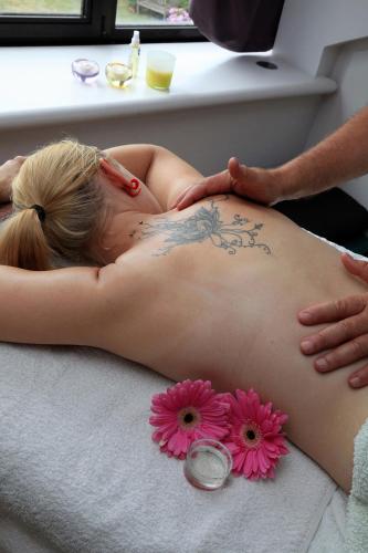 a woman getting a back massage in a spa at La Petite Bruyere De Renaix in Ronse