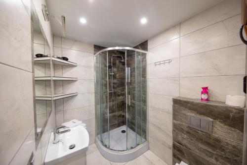 a bathroom with a shower and a toilet and a sink at Domek Fiona in Boszkowo