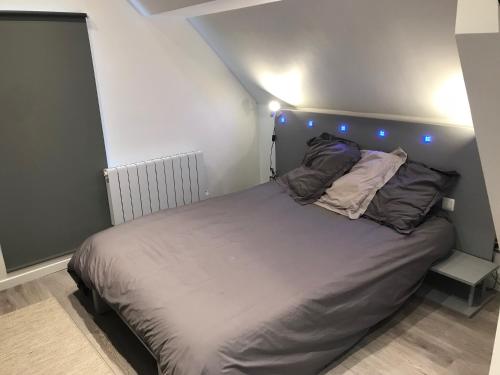 - une chambre dotée d'un lit avec des lumières bleues dans l'établissement Petite maison de Ville, à Auxerre