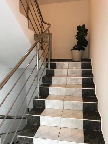 a stairway with a potted plant on the top at Tri šešira Ljubovija in Ljubovija