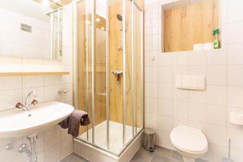 a bathroom with a shower and a sink and a toilet at Bella-Vista Apart Sölden in Sölden