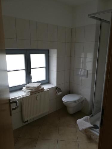 a bathroom with a toilet and two windows at Pension am Pferdemarkt in Güstrow