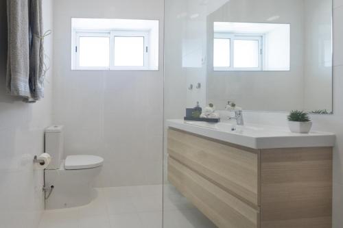 a bathroom with a sink and a toilet and two windows at Buddies Charm Apt - Self Catering in Aveiro