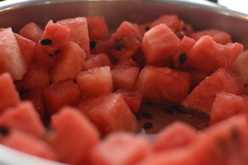 a bowl of watermelon cubes in a pan at Hotel Maria Victoria Xalapa in Xalapa