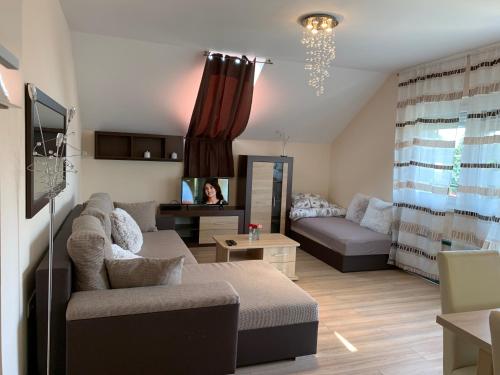 salon z kanapą i telewizorem w obiekcie Martina Apartmanház w mieście Balatonlelle