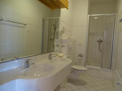 a bathroom with a sink and a toilet and a shower at AKZENT Waldhotel Spa Rügen in Göhren