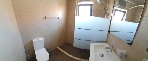 uma casa de banho com um WC, um lavatório e um espelho. em Keep Calm Apartments em Ferragudo