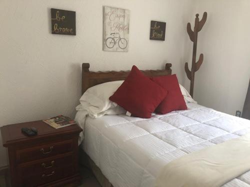 - une chambre avec un lit doté d'oreillers rouges et d'une table de nuit dans l'établissement Elena's Aparment, à León