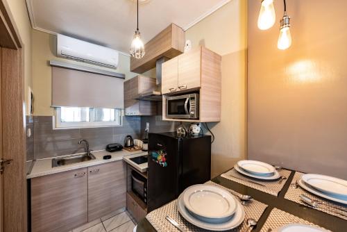 een kleine keuken met een zwarte koelkast en een magnetron bij Olive House in Ioannina