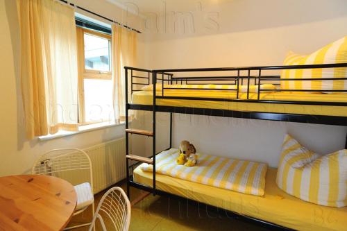 a room with bunk beds with a teddy bear sitting on a bench at Palm's kinderfreundliches Ferienhaus in Klütz