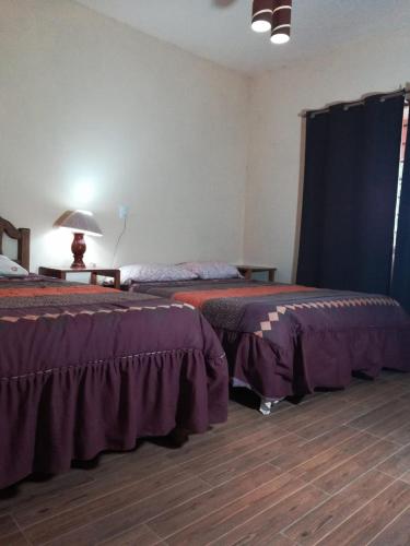a hotel room with two beds and a lamp at Cabaña El Salto in Cuetzalán del Progreso