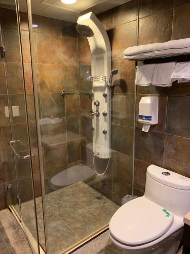 a bathroom with a shower and a toilet at Crystal Business Motel in Hsinchu City