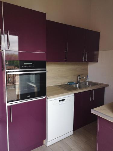 a kitchen with purple cabinets and a sink at Atoll Hotel restaurant in Fréjus