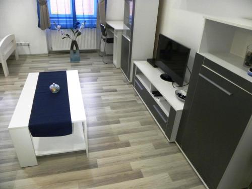 een woonkamer met een bank en een tv bij Modern Central-Near Unirii Square in Cluj-Napoca