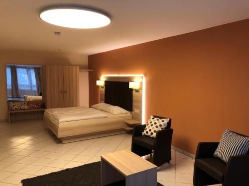 um quarto com uma cama, um sofá e cadeiras em 3 Apartments Am Wambolter Hof 3 em Bensheim