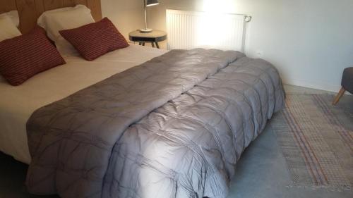 a bedroom with a bed with a blanket on it at Les Hauts De Chalonne in Le Gond-Pontouvre