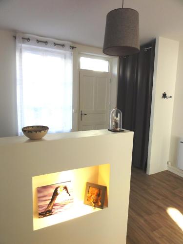 d'un salon avec une cheminée et une photo. dans l'établissement L'ETOILE LOIRE, Saumur centre avec jardin, à Saumur