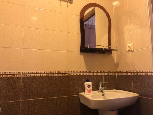 a bathroom with a sink and a mirror at Guest house Romanadze in K'obulet'i