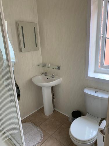 a bathroom with a white toilet and a sink at Alandene in Blackpool