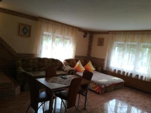 a living room with a table and a couch at Pensiunea Colt Alb in Băile Homorod