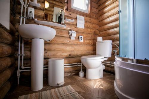 a bathroom with a toilet and a sink in a log cabin at Частный дом Elisa Sarkau in Lesnoy