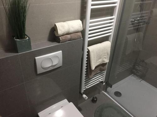 a bathroom with a toilet and a mirror and towels at Apartman F&F in Otočac