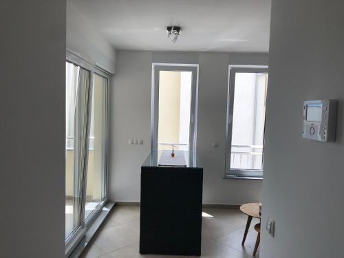 a room with two windows and a black cabinet at Apartment Zeljkica - Villa Sunce in Senj
