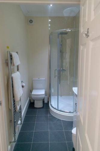 a bathroom with a shower and a toilet and a sink at The Lawns Guest House in Retford
