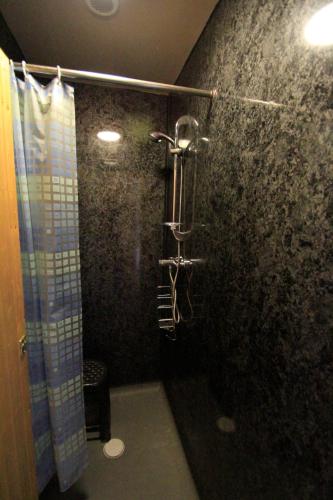 a bathroom with a shower and a black wall at Woodbatch Camping & Glamping in Bishops Castle