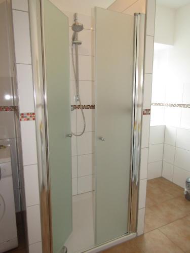 a shower with a glass door in a bathroom at Beim Wegmacher in Rennertshofen