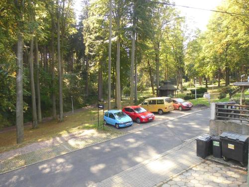een groep auto's geparkeerd aan de kant van een weg bij Bezowy pokój in Jedlina-Zdrój