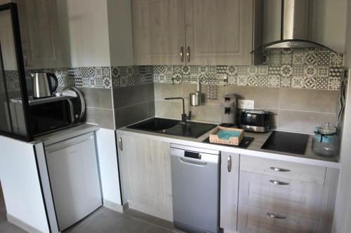 une petite cuisine avec un évier et un réfrigérateur dans l'établissement APPARTEMENT PROVENCE HEUREUSE, à Saint-Cyr-sur-Mer