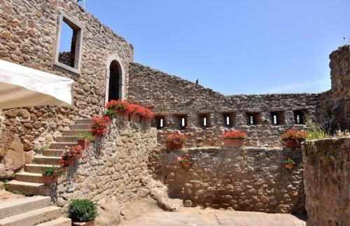un edificio in pietra con piante in vaso e un muro di pietra di MAGIA COLORATA a Giglio Castello