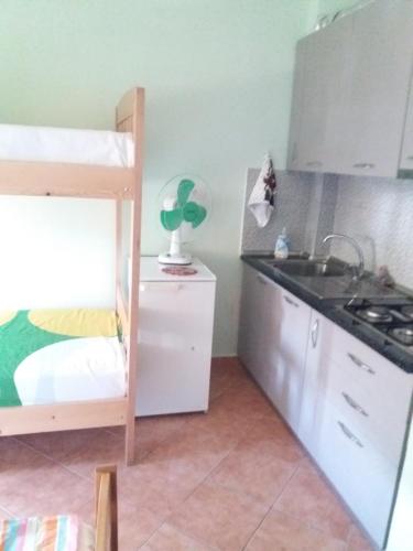 una pequeña cocina con litera y fregadero en The Green Apartment, en Golem