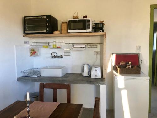 eine Küche mit einer Theke mit einer Spüle und einer Mikrowelle in der Unterkunft Casa San José in Cachí
