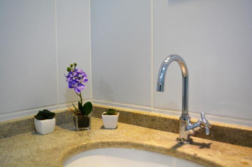 a kitchen sink with a faucet and purple flowers at Sun Paradise - JTR in Maceió