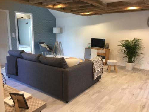 a living room with a couch and a tv at Berlingot in Amboise
