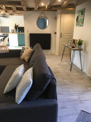 a couch with pillows on it in a living room at Berlingot in Amboise