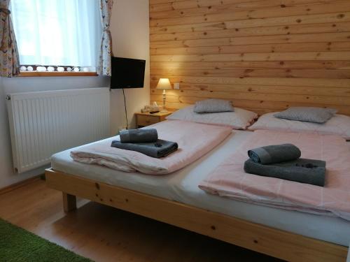 two beds in a bedroom with a wooden wall at Apartmán FuFu in Prostřední Lánov