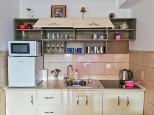 eine kleine Küche mit einer Spüle und einer Mikrowelle in der Unterkunft Apartment Maris in Ohrid
