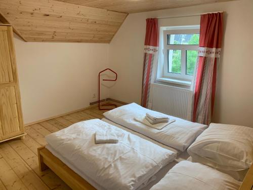 a bedroom with two beds and a window at Apartmány Michaela in Abertamy